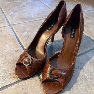 Style & Co brown stiletto faux alligator skin heels with peek a boo toe